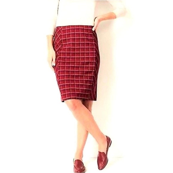 NWT J.Jill Deirdre Ponte Knit Pencil‎ Skirt Cherry Red Plaid Size 2X Preppy - Picture 2 of 8